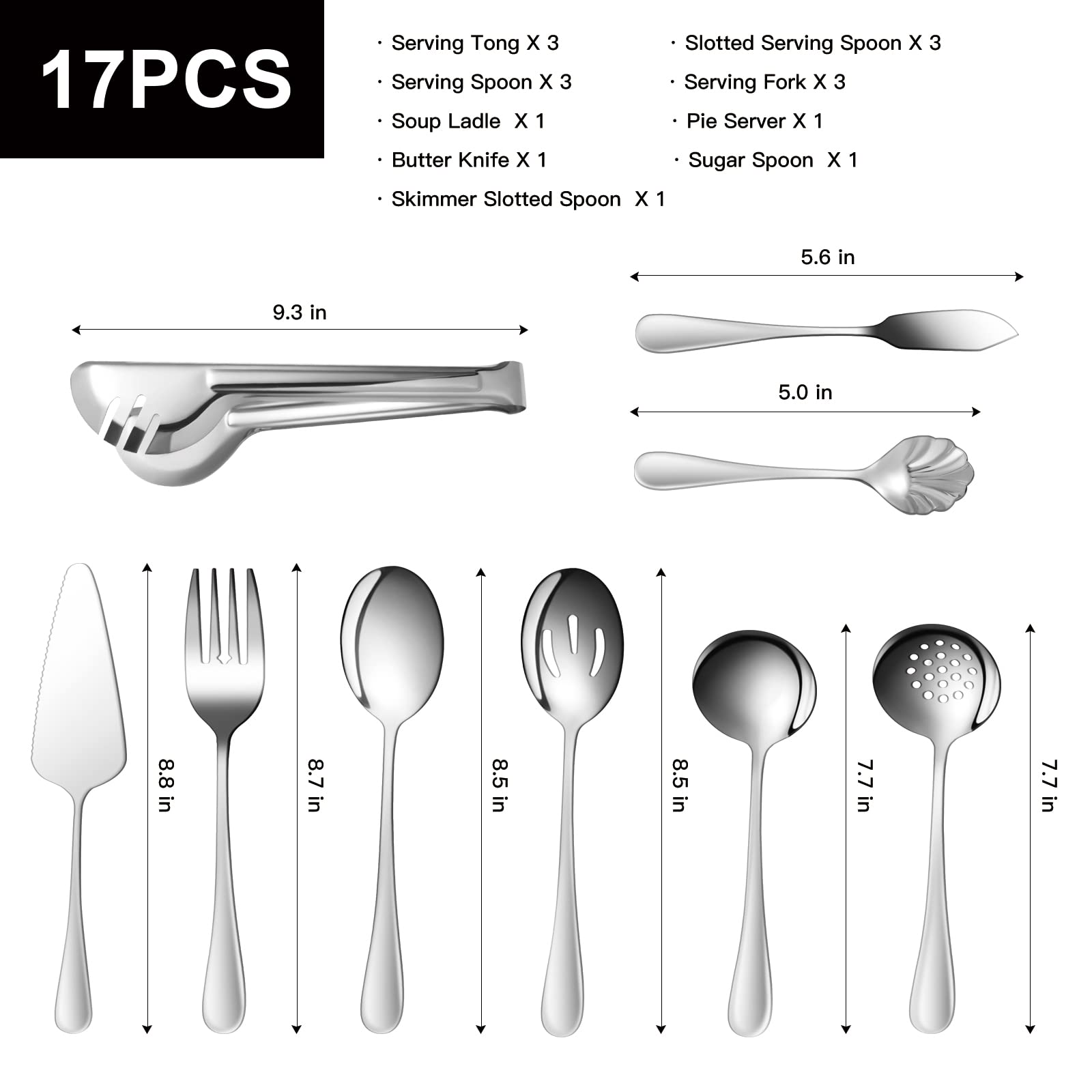 Stainless Steel Serving Utensil, 17 Pcs Catering Serving Utensils Set with Large Serving Spoon,Slotted Spoons,Serving Forks,Soup Ladle,Serving Tongs,Pie Server,Butter Knife for Parties,Kitchen,Buffet