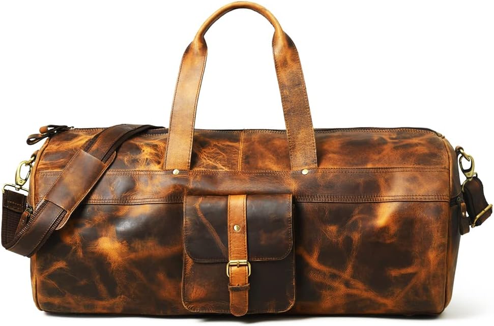 Full Grain Leather Duffle Bags for Men | Genuine Buffalo Leather Travel Overnight Weekender Luggage Bag | Holdall Garment Mens Duffel Bag for Gym Sports | Large 24" Classic Vintage Duffel Bag - Image 3