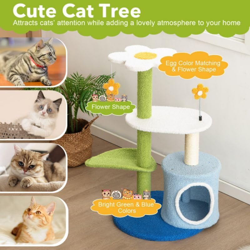 34.5 Inch 4-Tier Cute Cat Tree with Jingling Balls and Condo, Multi-Level Cat Tower, Interactive Play Center with Hanging Toys and Cozy Hideaway for Indoor Cats, Sturdy Base and Soft Plush Covering