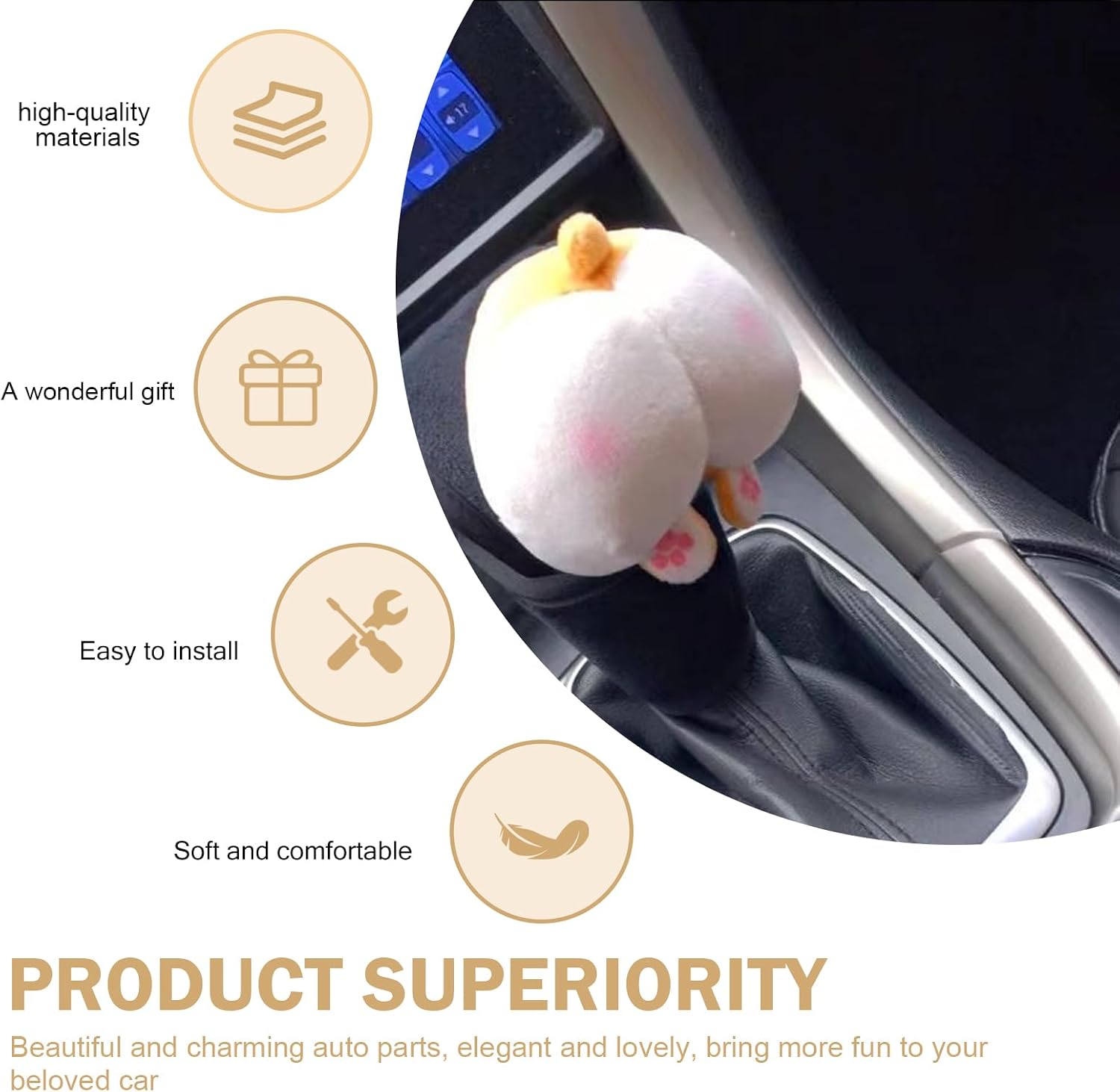 Car Gear Shift Knob Cover, Cute Plump Corgi Butt Shifter Stick Protective Cover, Soft Plush Animals Interior Decoration Accessories for Womens Girls, Fit for Automatic/Manual Car (White) image 3