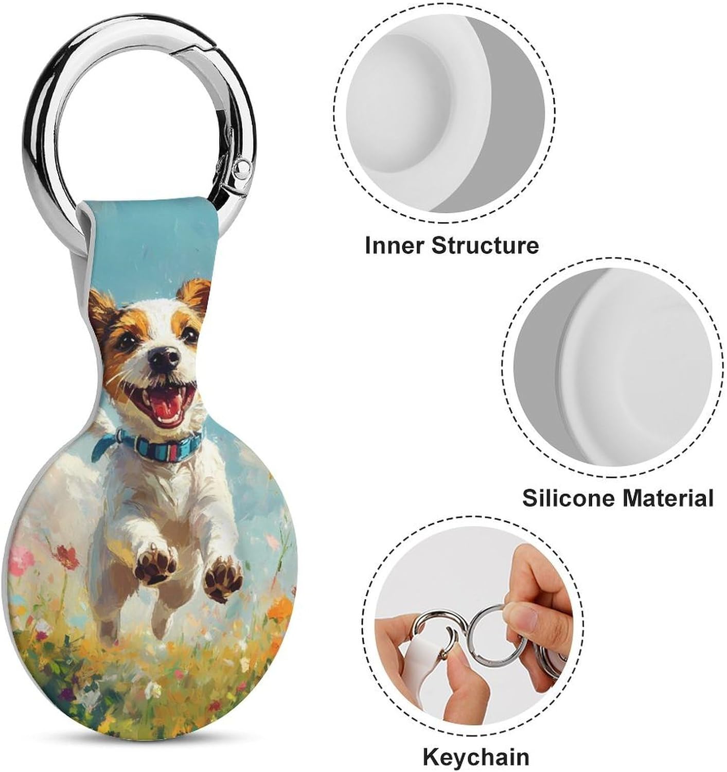 Happy Jack Russell Terrier Dog Running Case Compatible with AirTag Holder Cover with Keychain Ring for Bags Luggages