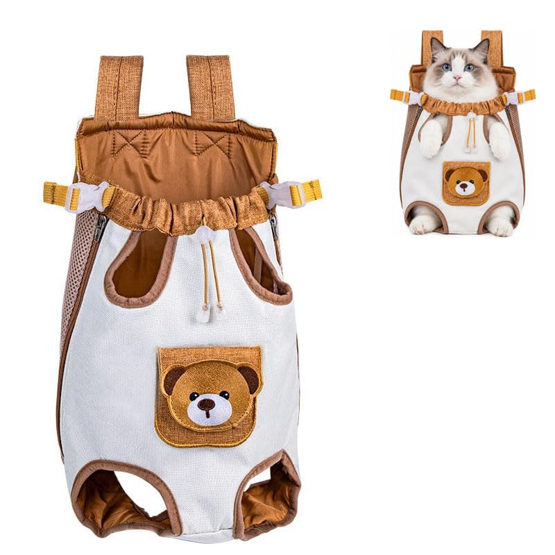 Cute Pet Carrier Bag Bear Style Front Backpack, Cat Carrier Backpack for Small Dogs Cats with Breathable Leg Out, Hands Free Adjustable Straps for Travel Hiking, M