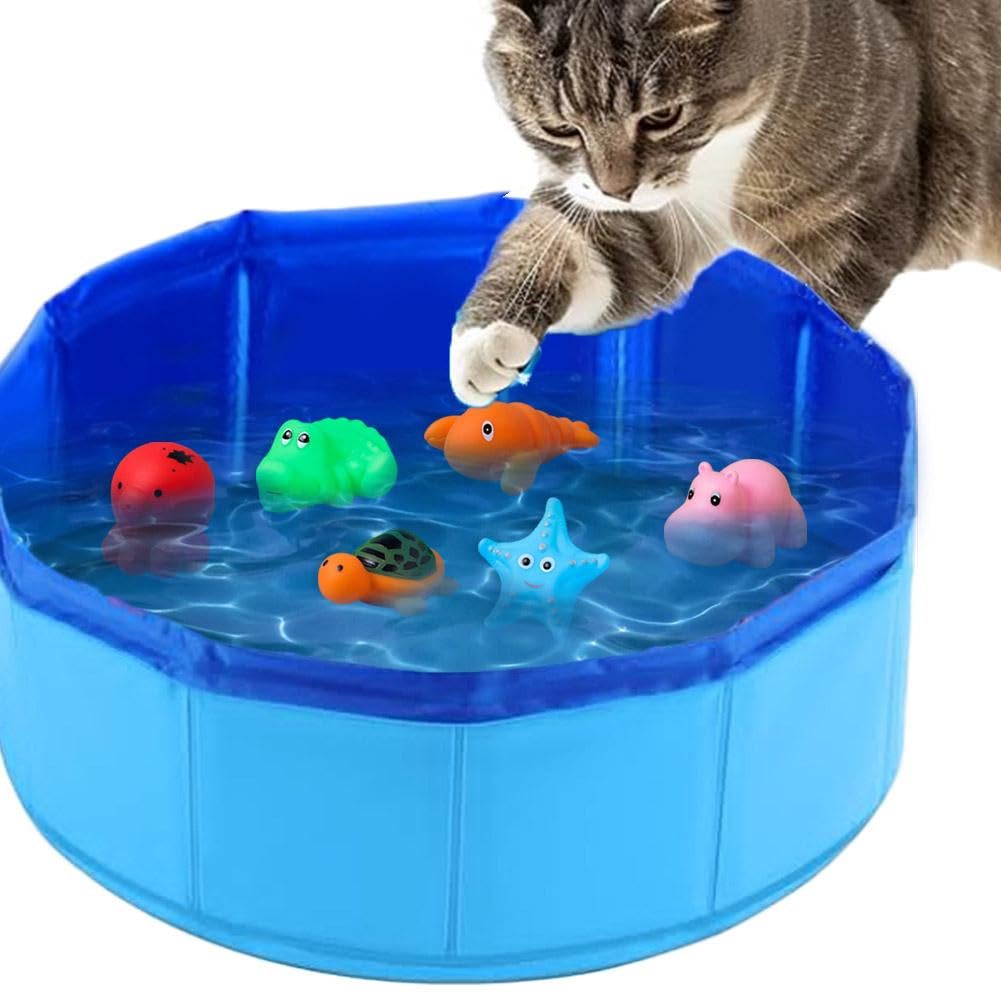 Juguete de piscina para gatos con agua de peces, juguete portátil para gatos, piscina plegable para gatos con juguetes interactivos de peces, juguete para gatos para estimular los instintos de cazador