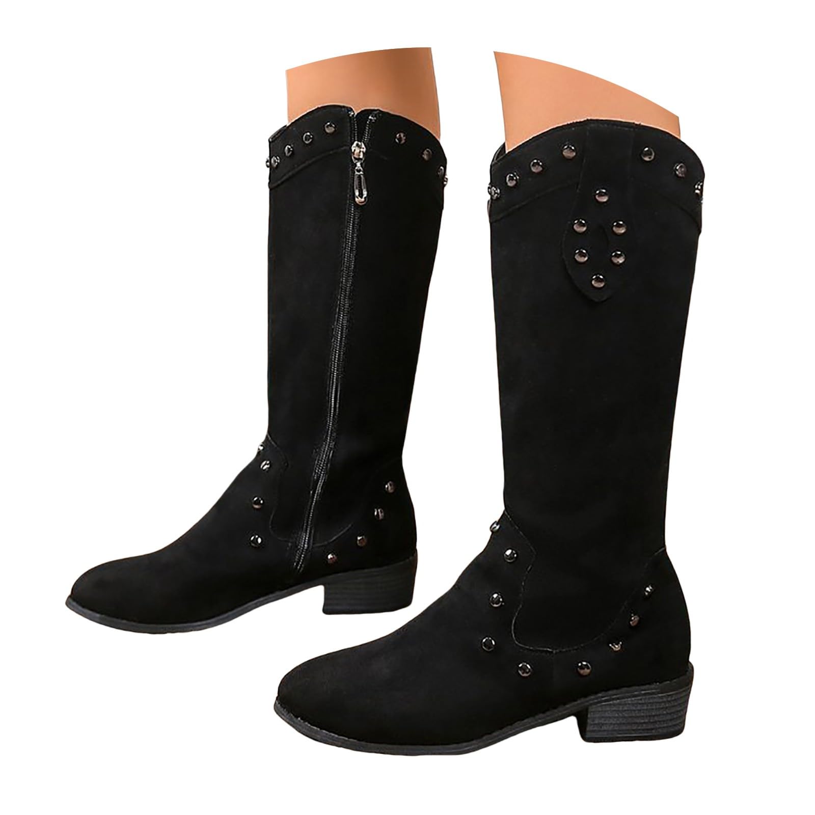 Generisch Cowboystiefel Damen Westernstiefel Herbstschuhe Overknees Stiefel Hoch Wasserdichte Schuhe Weitem Schaft Festival Cowboy Boots Vintage Stiefeletten Schlupfschuhe Blockabsatz Cowboystiefel