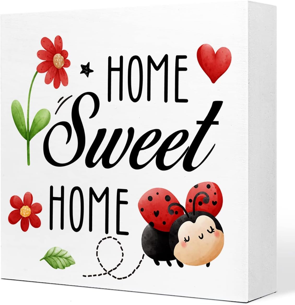Home Sweet Home Box Sign 7x7 Inch Ladybug Floral Wood Decor