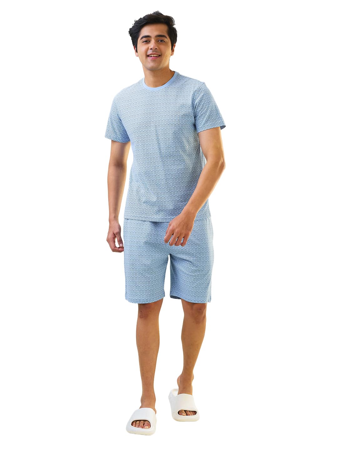 SleepZ Men Regular Fit Print Pattern Pure Cotton Round Neck T Shirt with Shorts