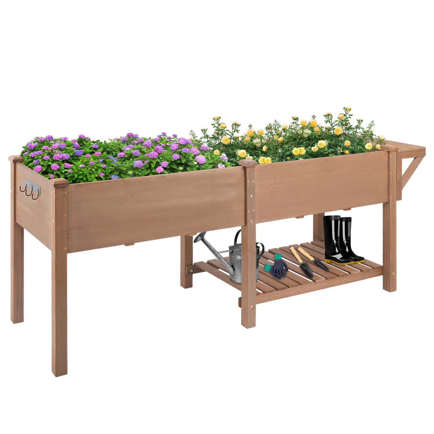 ketive Raised Garden Bed with Legs Wooden Planter Box for Outdoor Gardening Elevated Garden Bed with Storage Shelf, Hooks & Protective Liner for Vegetables, Flowers, Herbs (80x23x30 in, Brown)