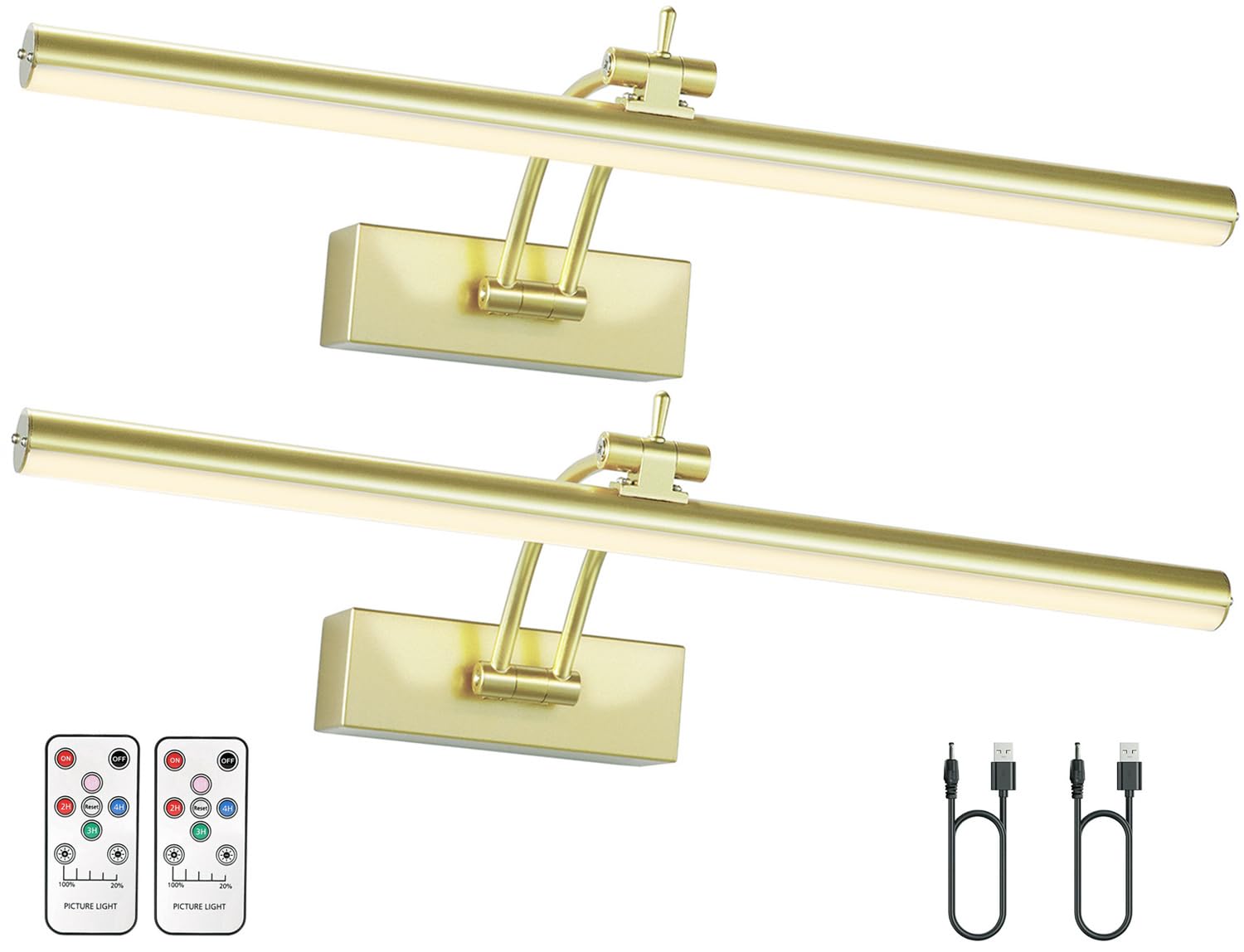 2 Pack Picture Light Battery Operated for Wall, 16" Wireless Display Art Lighting for Painting with Remote, Dimmable 5200mAh Picture Frame Lights for Gallery, Antique Brass