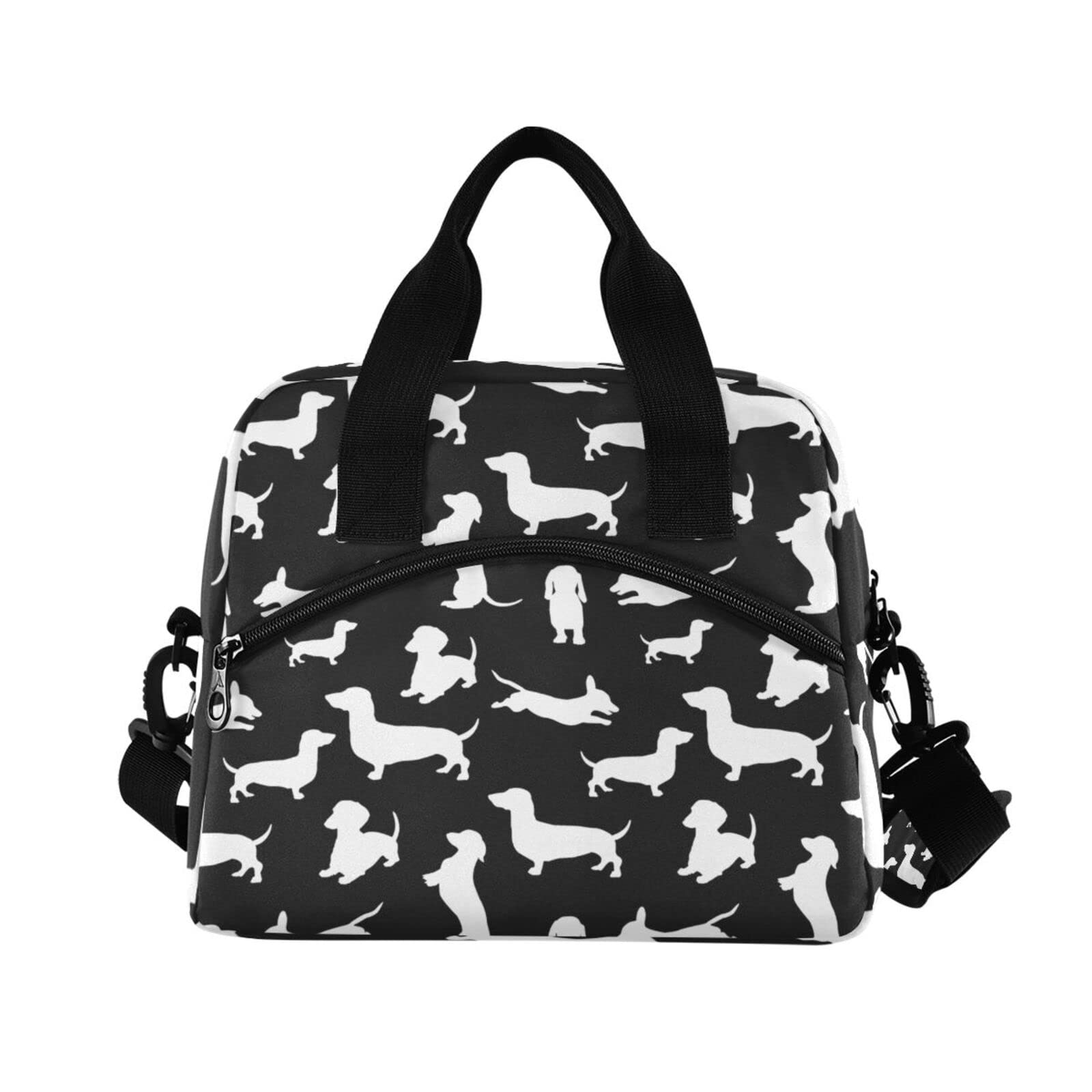 Insulated Lunch Bags,Dachshund Dog Cartoon Black Lunch Box Tote Cooler Bag for Women Adult with Adjustable Shoulder Strap for Work School