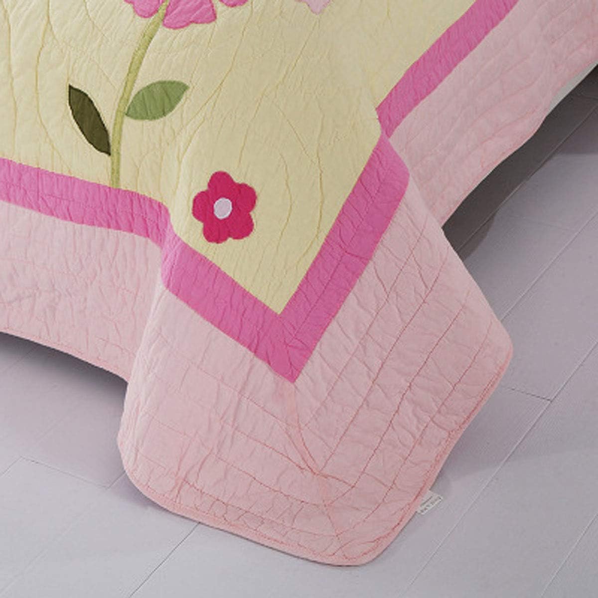 100% Cotton Floral Bedspread Set for Girls Real Patchwork Quilted Coverlet Sham Set with Embroidery Rose Flower Pink Floral Quilt Set for Girls 90 x 98 Inches Queen Size Kids Gift Idea