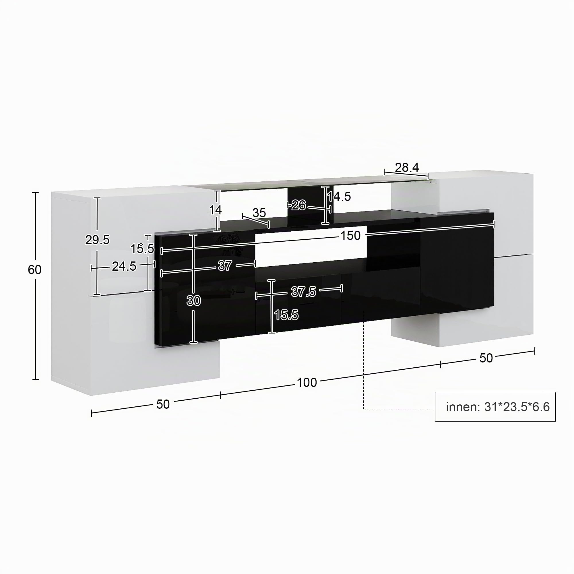 Kayan Moderner TV Schrank, Fernsehtisch mit 6 Schließfach, 2 Schublade und 3 offenes Regal, 200cm lang, Hochglänzendes LED-TV-Lowboard für Wohnzimmer und Esszimmer (Weiß)