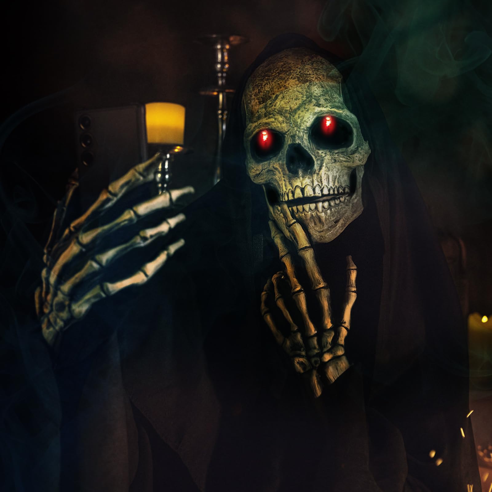 Byffoer Realistic Halloween Skull Mask with Movable Jaw and Luminous Eyes for Adults, Brown - Image 4