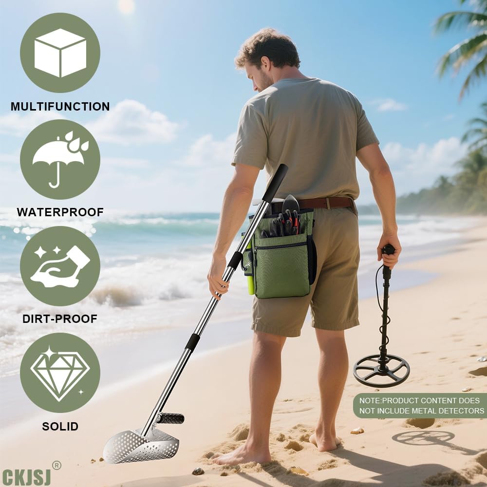 Metal Detector Scoop & Multifunctional Metal Detecting Waist Pouch,Long Handle Sand Scoop for Metal Detecting,Stainless Steel Sand Sifter Shovel for Beach, Underwater Treasure Hunting