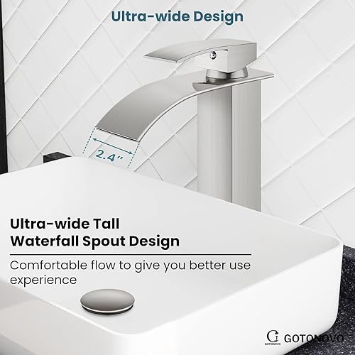 Miniatura 4 de gotonovo Grifo de Cascada Alto para Baño de Una Sola Manija, Grifos de Baño para Lavabo de 1 Agujero, Grifo de Lavabo de Acero Inoxidable Moderno,