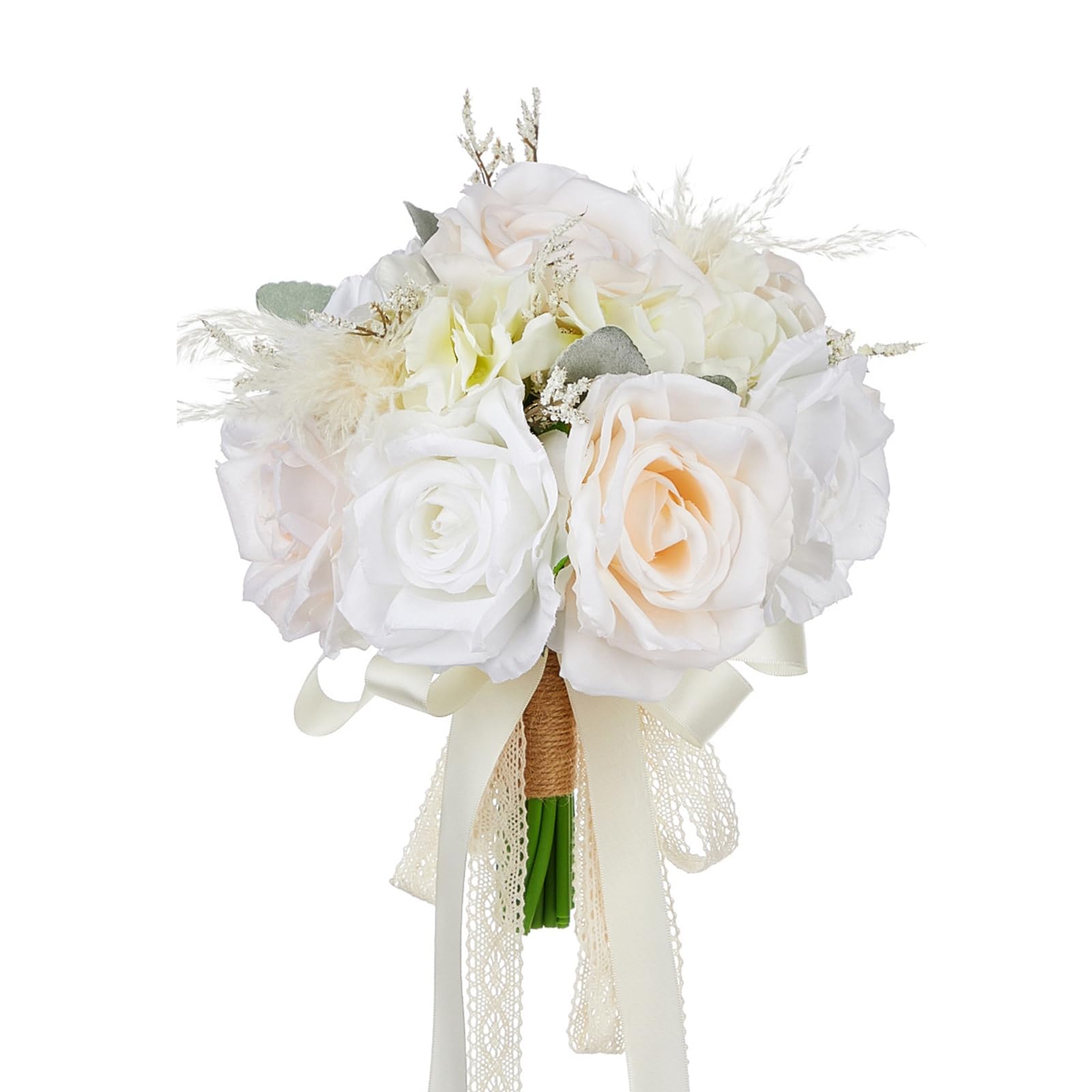 Wedding Bouquets For Bride, Rose Bridal Bouquets for Bride with Silk Ribbon, Artificial Flower Bouquet for Wedding, Bridesmaid Bouquets for Valentine's Day Ceremony Church Decor (Champagne White)