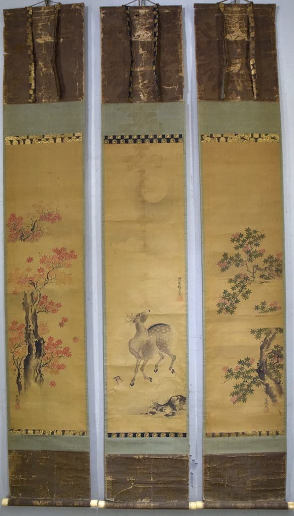 茶道道具 掛け軸 「菩薩ノ図」 Amazon.co.jp: 福知山藩主朽木綱貞「紅葉鹿三幅対」日本画