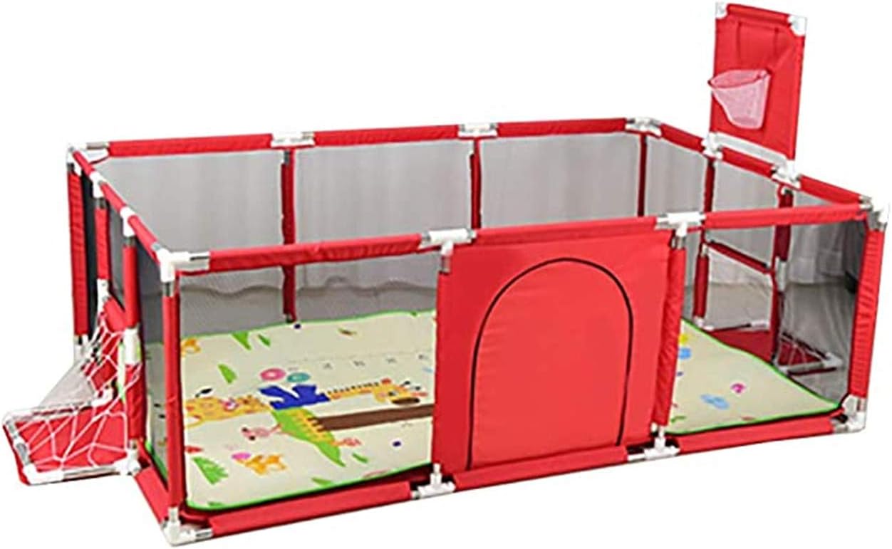 BIANJESUS Corralito Parque Infantil Grande para Bebés Pequeños para Camas Gemelas, Patio De Juegos De Seguridad con Colchoneta Y Aro De Baloncesto, Extra Alto 66 Cm, Rojo