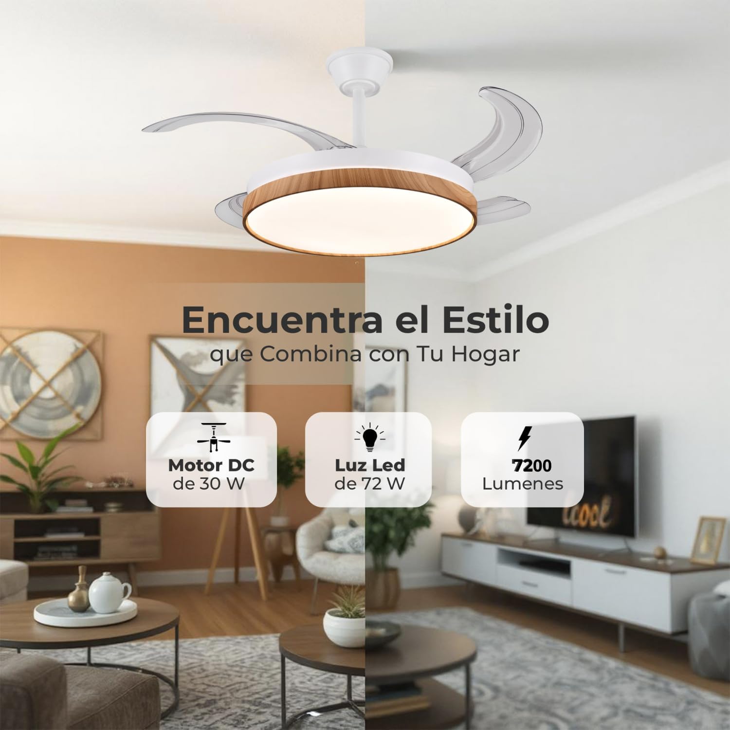 LUMIKING Ventilador de Techo con Luz LED 72W Silencioso - CCT 3000-4000-6000K con Aspas Retractiles - Mando a Distancia, Función Verano e Invierno y Reversible - Ventilación en Hogares y Oficinas