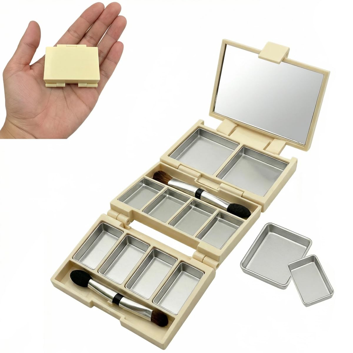 Photo 1 of *See Clerk Notes* Foldable Magnetic Empty Makeup Palette with Mirror - DIY Eyeshadow Organizer, 3-Layer Portable Travel Case for Beginners, 10 Pans, Brush & Press Tool, Pale Yellow, 1 Pack