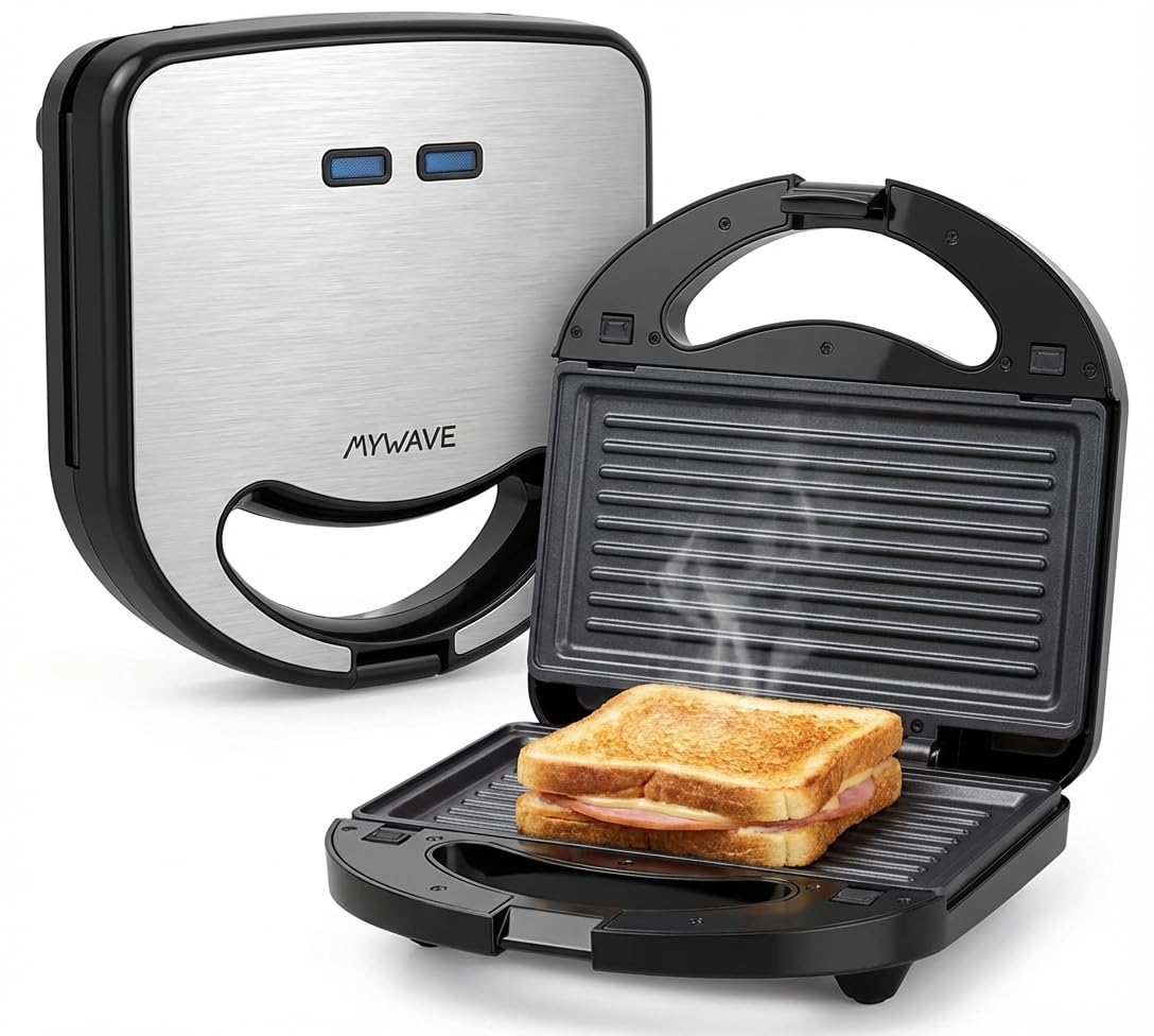 MY WAVE - Sandwichera 2 en 1 - Grill y Gofres - Placas Intercambiables - Acabado Crujiente y Delicioso - Grill y Plancha Desmontable Antiadherente