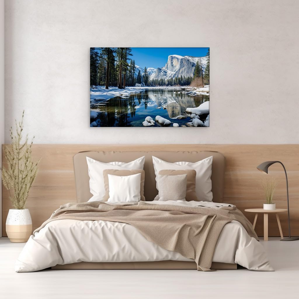 Canvas for Living room. Winter's Serene Embrace Along the Merced River with El Capitan Standing Guard, 27 x 18 inch Canvas Wall Art - Contemporary Masterpieces - Modern Home Decor