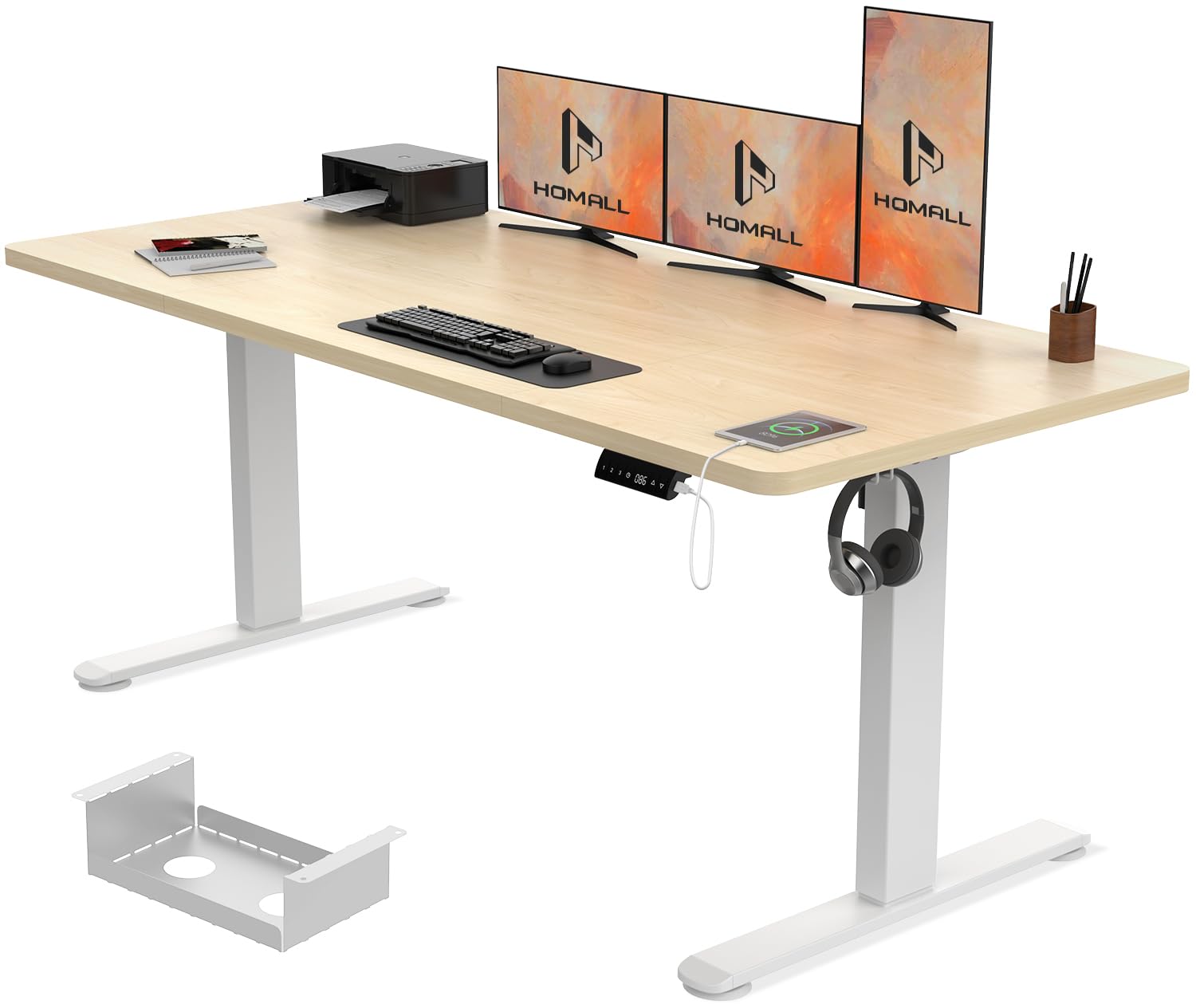 Homall 160x80cm Height Adjustable Standing Desk with USB Charging with Wire Management Tray, Stand up Desk Heavy Duty Steel with 3 Memory Setting,Beige — image 1