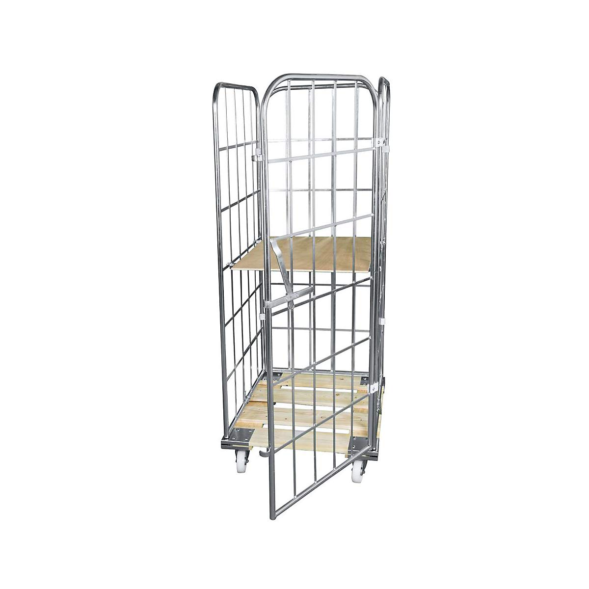 Roll-conteneur avec socle roulant en bois, 4 côtés, l x p 724 x 810 mm, panneau frontal en une partie