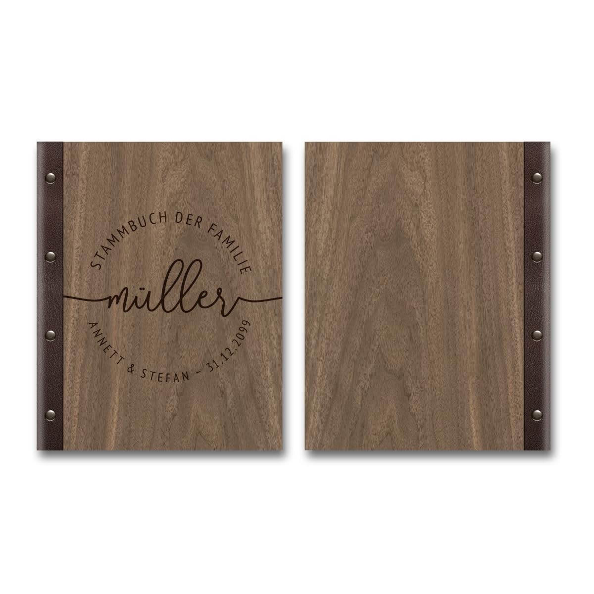 Personalisiertes Stammbuch Hochzeit aus echtem Holz mit Leder Rücken A5 oder A4 inkl. vorgedruckten Seiten - Lebenslinie