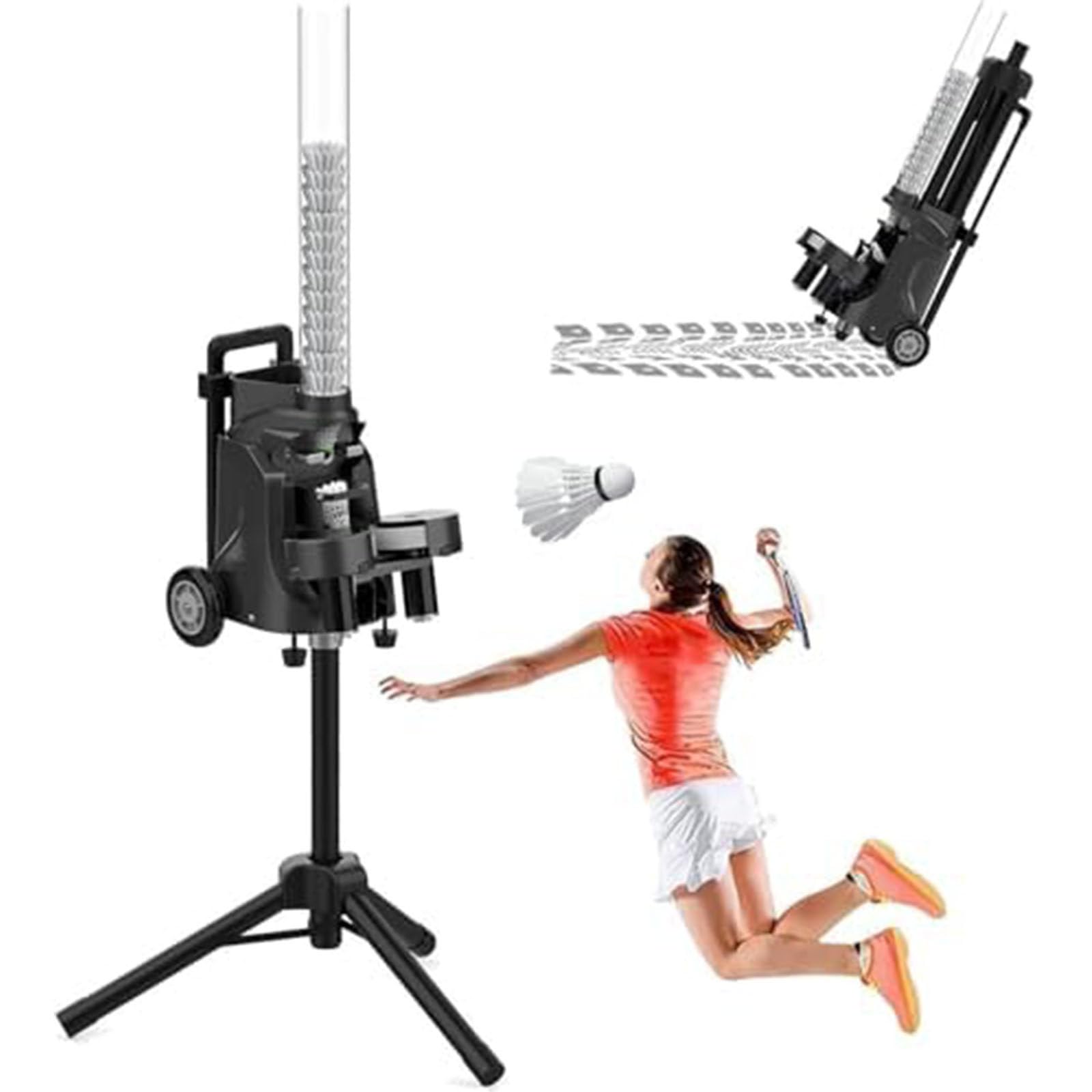 Máquina de servir bádminton con aplicación y control remoto, capacidad de 52 bolas, frecuencia de 1 a 5 s, 7 m de altura, lanzador portátil para entrenamiento en solitario, uso en interiores y