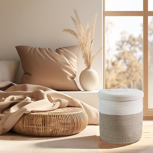 Vista 9 de Yimi's Dream Cesta de almacenamiento con tapa, cesta mediana de cuerda de algodón con tapa, pequeña cesta de almacenamiento redonda para guardería