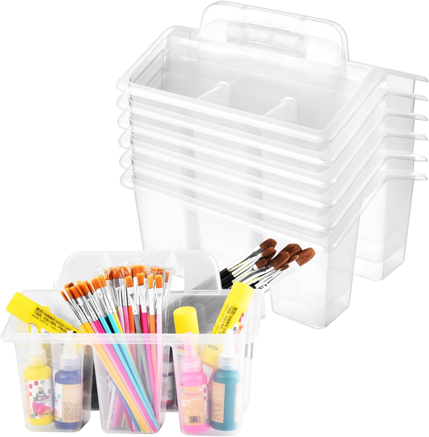 NINU Classroom Caddy Storage Basket with Handle, Plastic Arts Office Crafts Caddy 4 Compartments for Kids, Pencil, Crayon, Marker, School Supplies - 6 Pack Clear