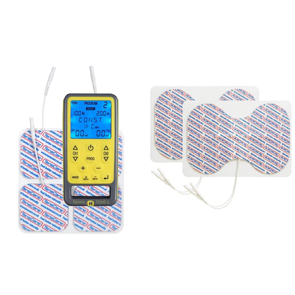TensCare Sports TENS - Electroestimulador Muscular. Programas predeterminados + 2 Electrodos de mariposa reutilizables para dispositivo de electroterapia