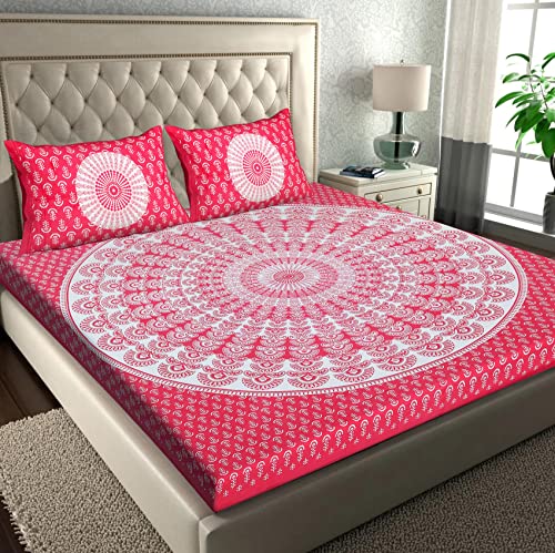 Image of RajasthaniKart Pure 100% Cotton 144TC Double Bed Sheet with 2 Pillow Covers (Bedsheet for Double Bed Cotton, Pink Rangoli) (Bedsheet Cloth 5249 N)