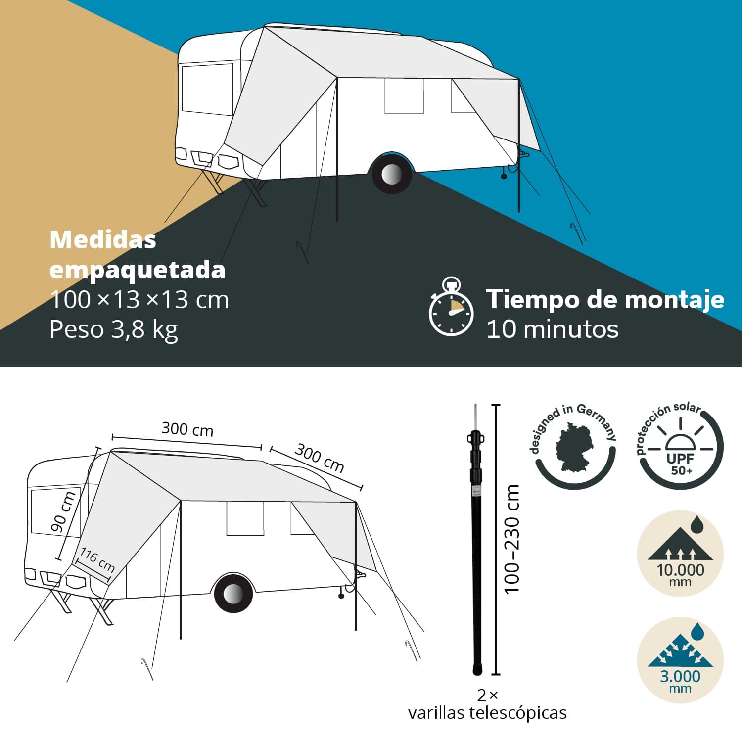 Skandika Freeway 3-4 m Avance/Toldo para caravanas con fijación, toldo e Sol con Ribete, protección UV 50+, 3000 mm Columna de Agua | Autocaravana, Camper, Bus (3 Metros)