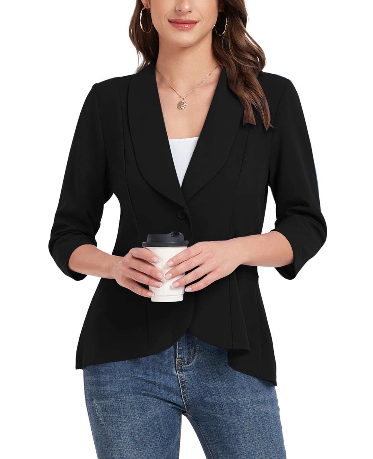 Blazer für Damen, 3/4-Ärmel, vorne offen, Blazer, Knopf, Schalkragen, Damenjacken, Arbeit, Büro, Blazer, Jacken