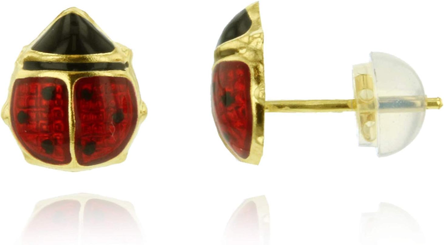 14K Yellow Gold Polished Lady Bug Enamel Stud Earrings, 8mm - Image 2