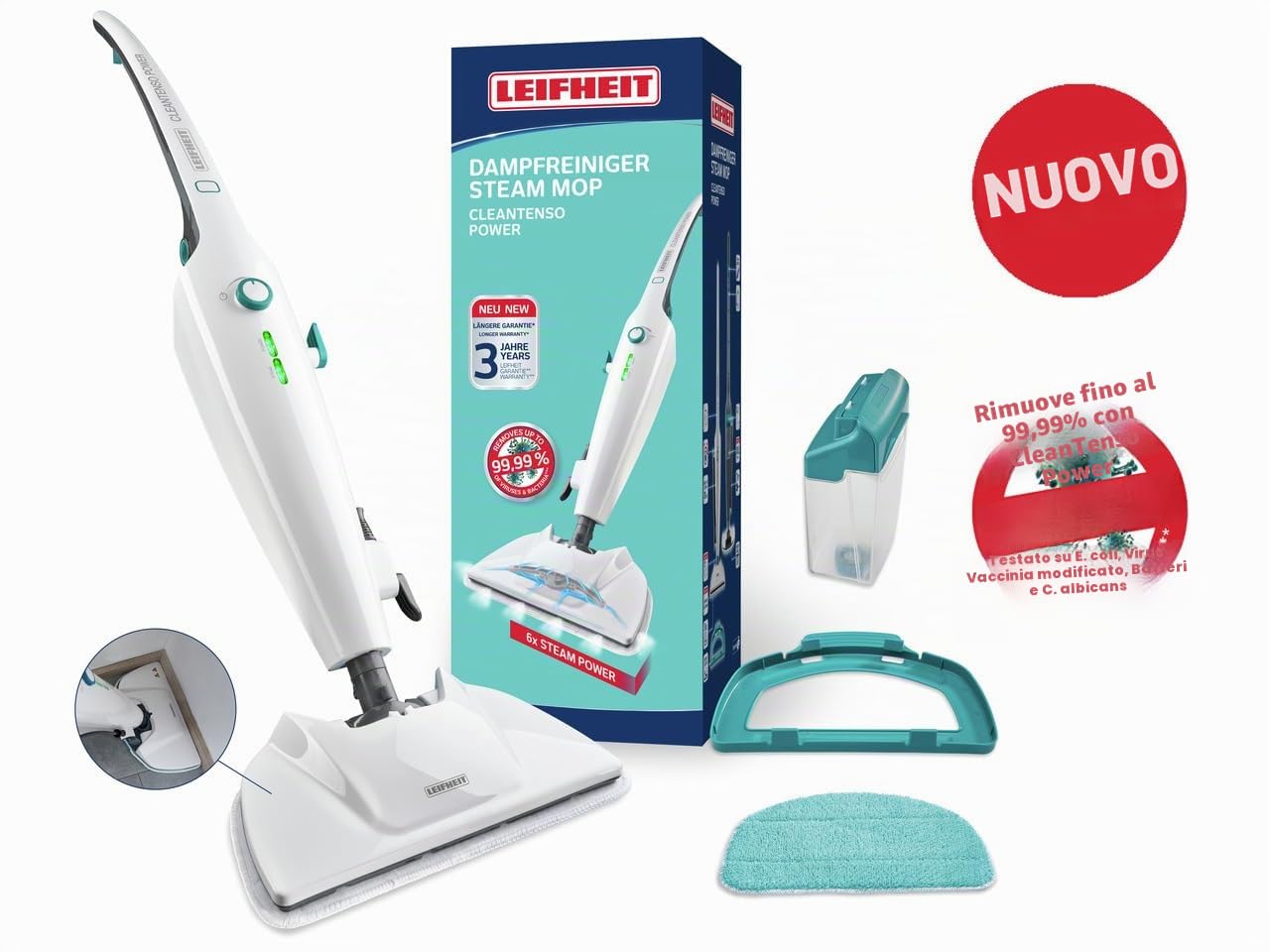 Leifheit pulitore vapore CleanTenso Power 2.0 con vapore caldo contro i batteri, scopa a vapore breve tempo di riscaldamento, 50 minuti di pulizia, vaporetto ideale per angoli, design moderno