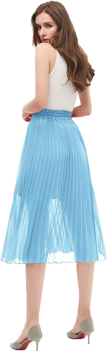 GOOBGS Women's Pleated A-Line High Waist Swing Flare Midi Skirt Medium Ice Blue