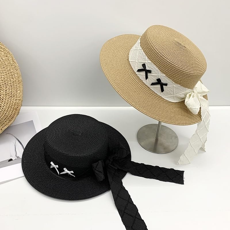 Sombrero de Paja de ala Ancha y Plana para Mujer,Sombrero de Playa con Lazo para Viajes,Vacaciones de Verano,Suave,Ligero y Transpirable