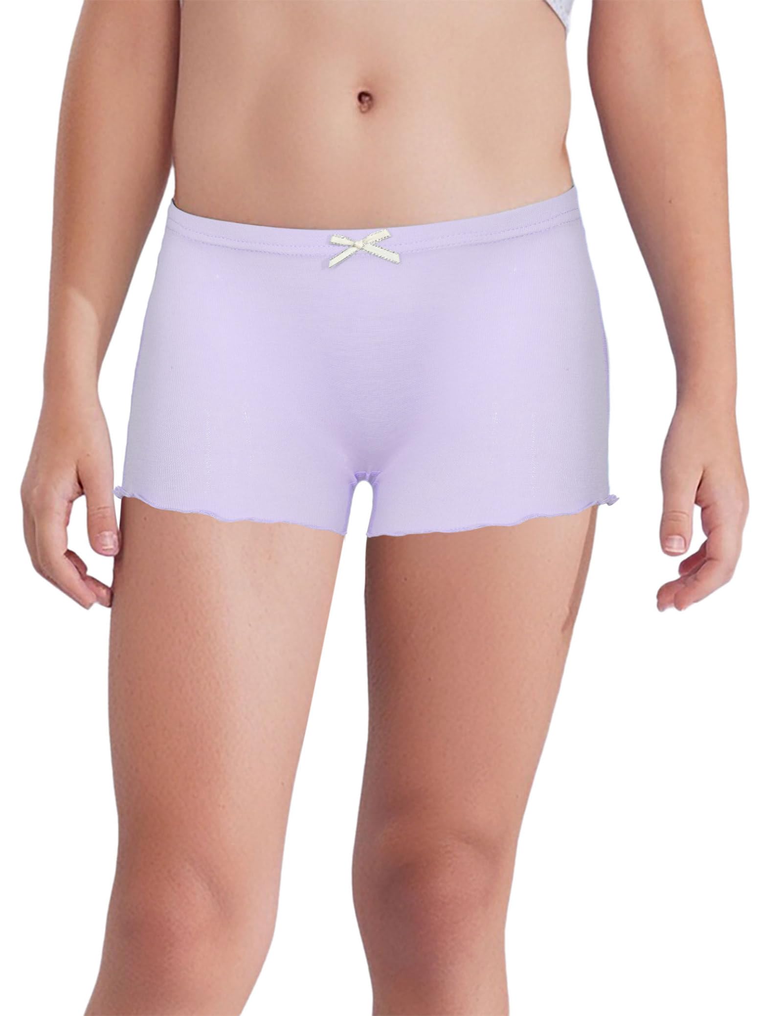 Kids Girls Ribbed Lettuce Hem Shorts Solid Color Dance Panties Bowknot Safety Underdress Shorts Underwear