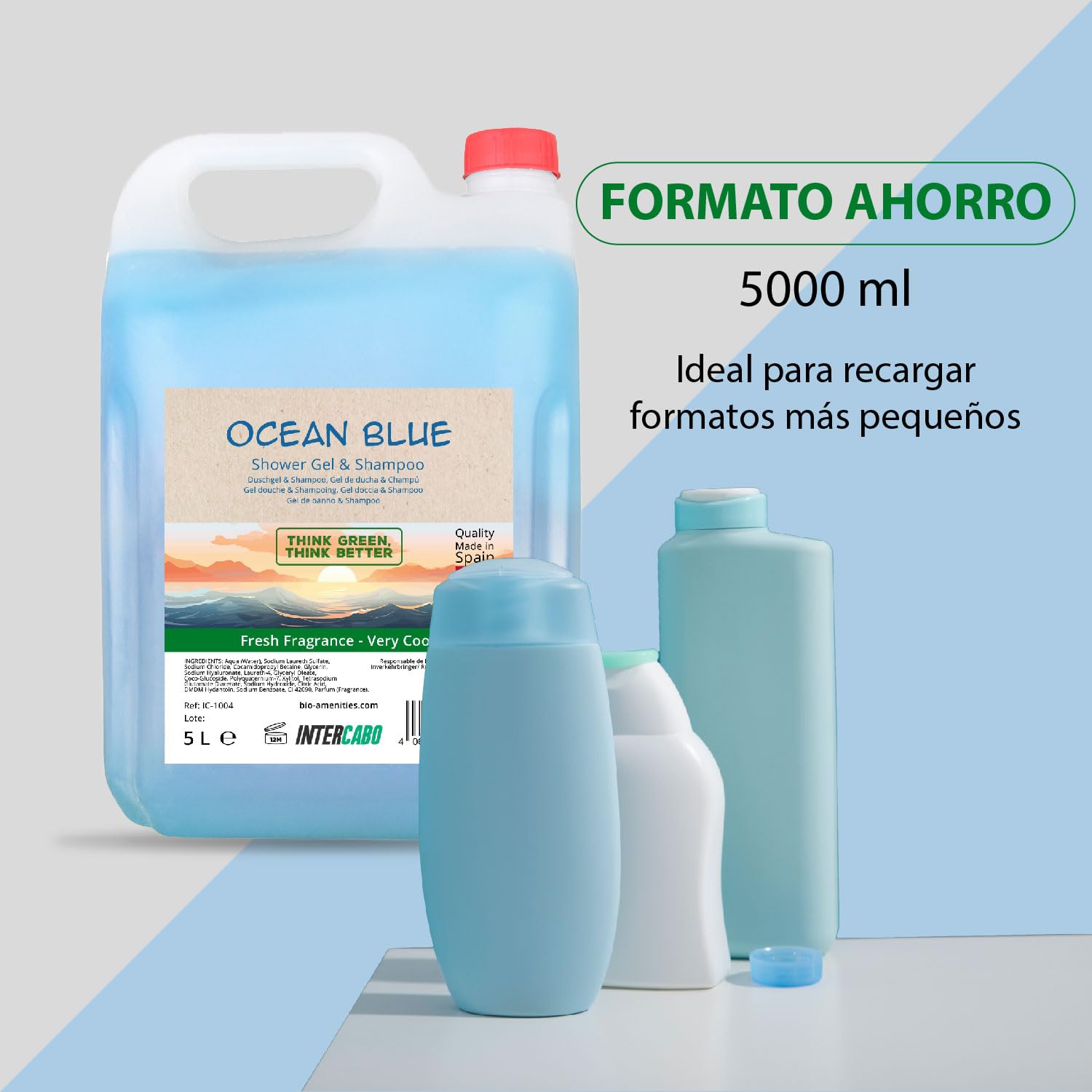 4 x 5 Liter Kanister Intercabo Duschgel & Shampoo 2in1 Ocean – Kombiprodukt zur Haar- und Körperpflege – pH-neutral – Nachfülllösung für Spender in Hotel, Spa, Gemeinschaftsdusche und Sporteinrichtung