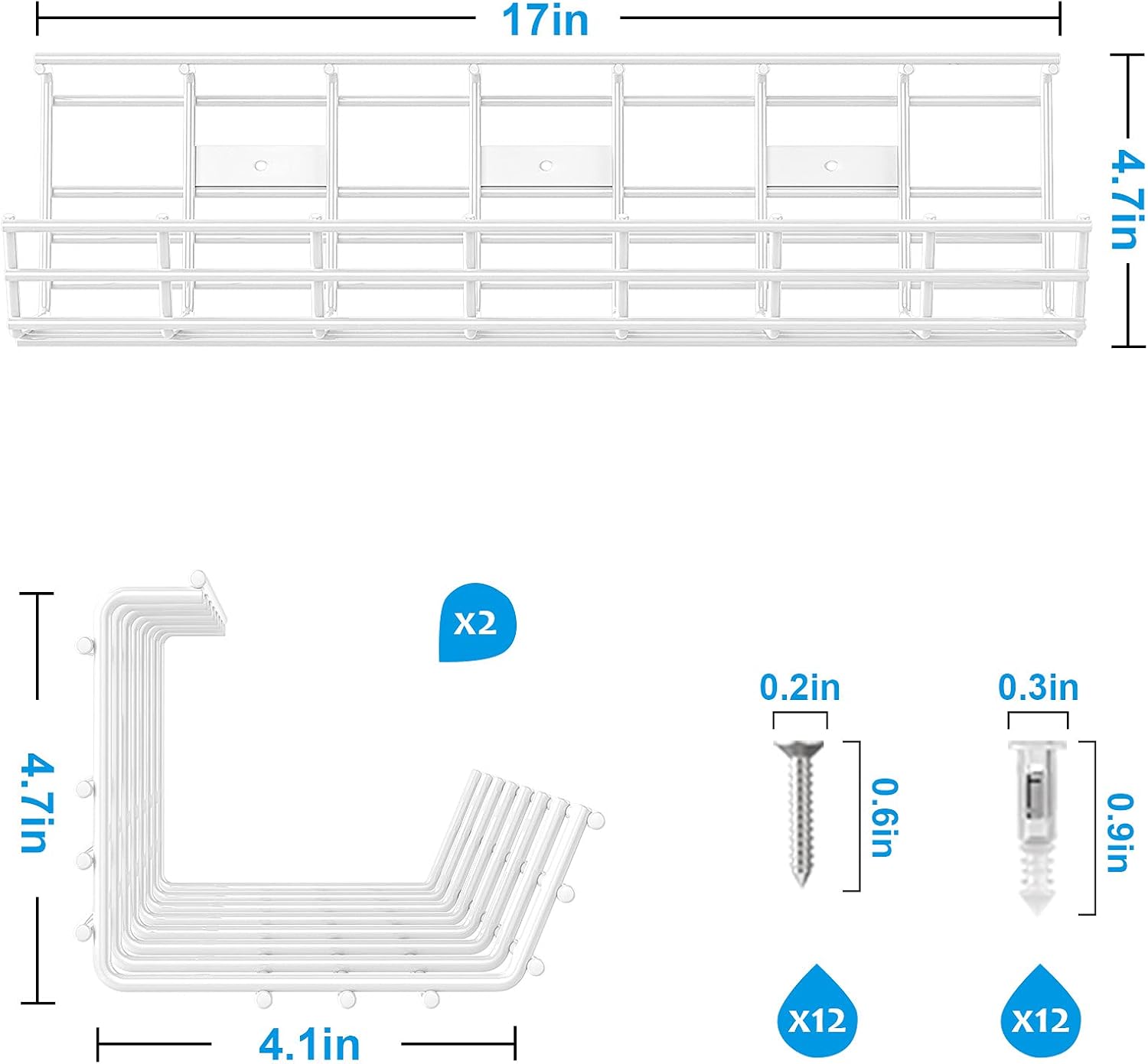 Cable Management Under Desk Cord Organizer, 2 Pack Under Desk Storage Shelf, Metal Under Desk Cable Tray, 34in Cable Rack Basket for Wire Management, 2X L17x W4.1x H4.7in, Screw Mount, White