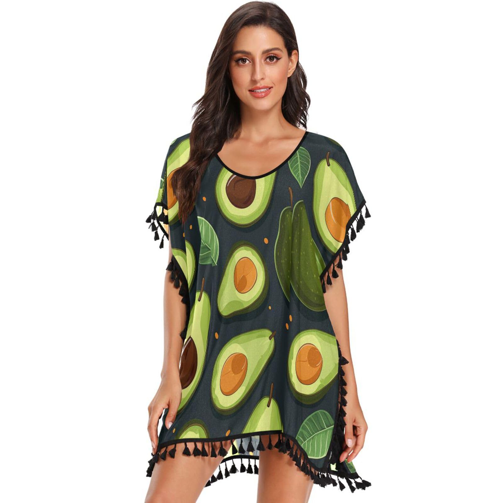 KAAVIYO Green Pear Fruit Women's Beach Cover Up Chiffon Tassel Swimwear Swimsuit Coverups for Girl