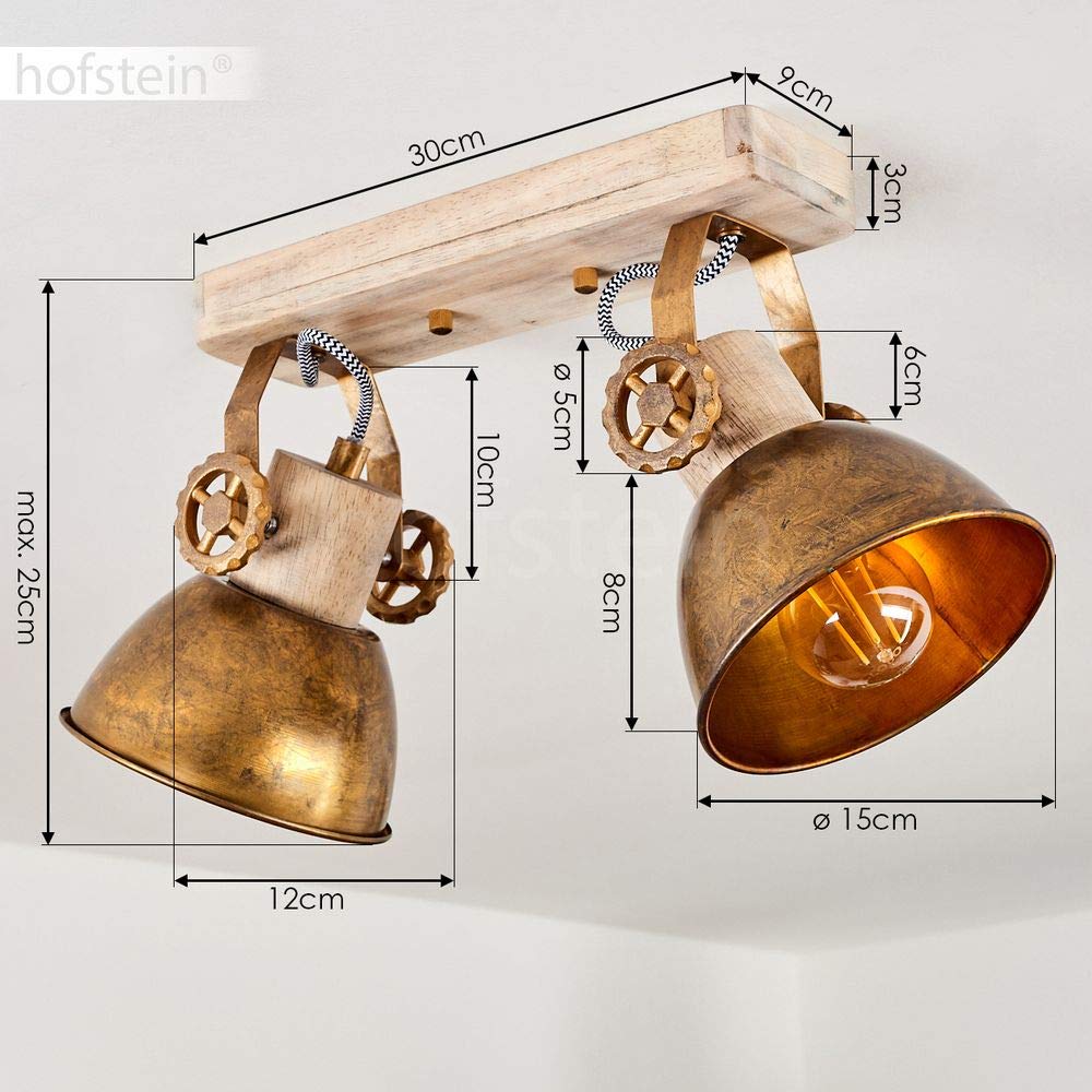 Lampada da soffitto Orny, lampada da soffitto a 2 luci in legno e metallo color bronzo, lampada da camera dal look industriale, 2 x E27, le teste delle lampade sono regolabili, senza lampadina/e