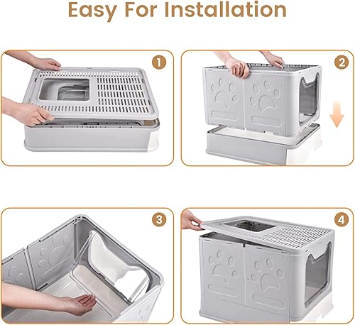 Miniatura 3 de Caja de arena para gatos, plegable, grande, grande, entrada frontal, salida superior, caja de arena para gatos con tapa, caja de arena cerrada para