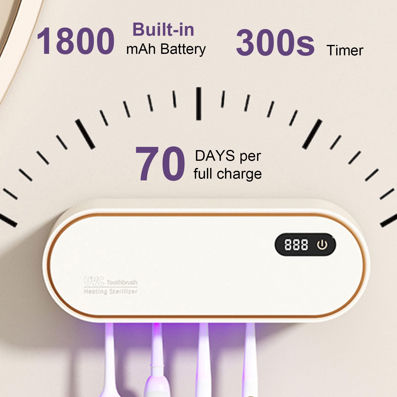 mumisuto UV Sanitizer uchwyt na szczoteczki do zębów, ścienny, bez wiercenia, z funkcją suszenia i timera, 1800 mAh, z możliwością ponownego ładowania, 4 otwory, akcesoria łazienkowe dla dzieci i