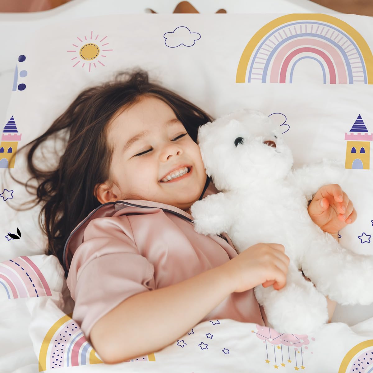 MUSOLEI Set di biancheria da letto 135x200 per bambini con unicorno arcobaleno, ragazza rosa principessa, biancheria da letto in microfibra con stampa 3D cartoon, copripiumino e 1 federa per cuscino