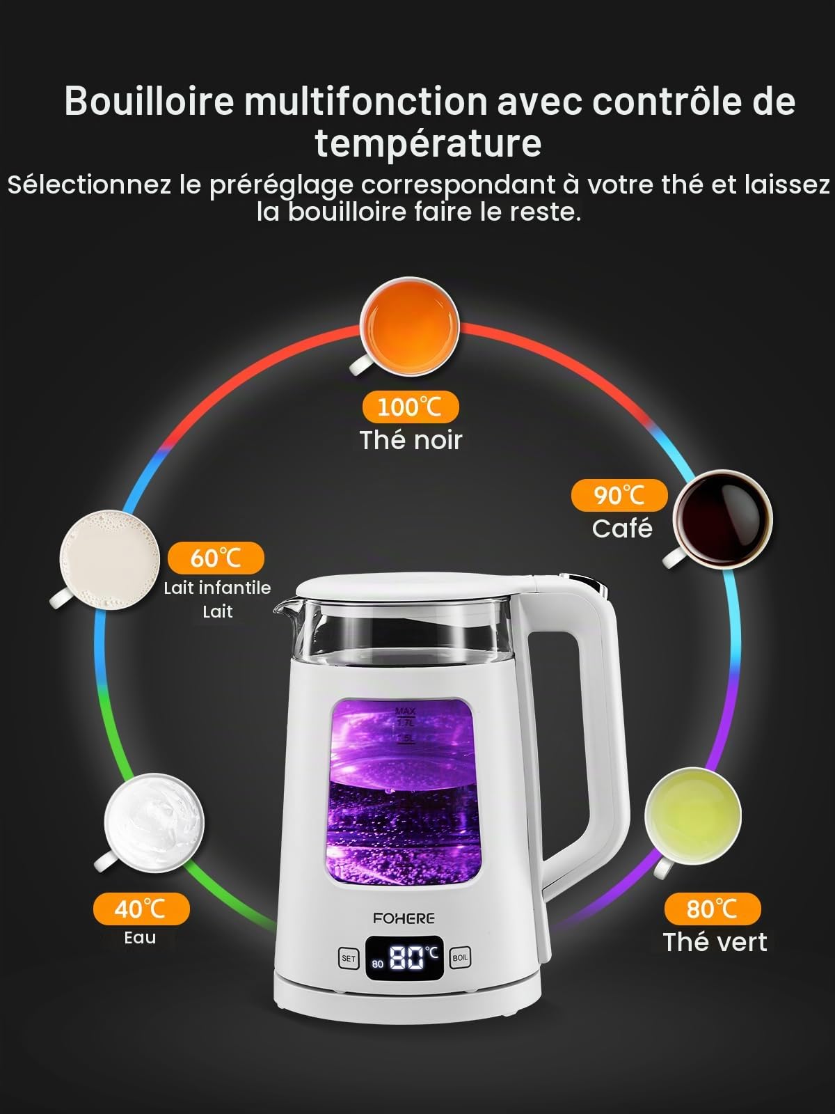 Bouilloire Électrique, 1.7L Bouilloire en Verre avec Maintien au Chaud, 5 Contrôles de Température, 2200W Ébullition Rapide, Arrêt Automatique et Protection Contre L'ébullition à Sec