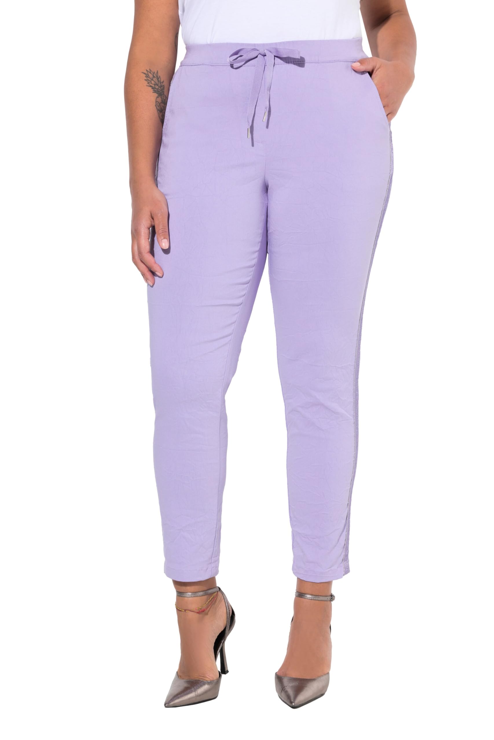 MIAMODA Damen große Größen Übergrößen Plus Size Crinkle-Hose, Glitzer-Seitenstreifen, Elastikbund 837464