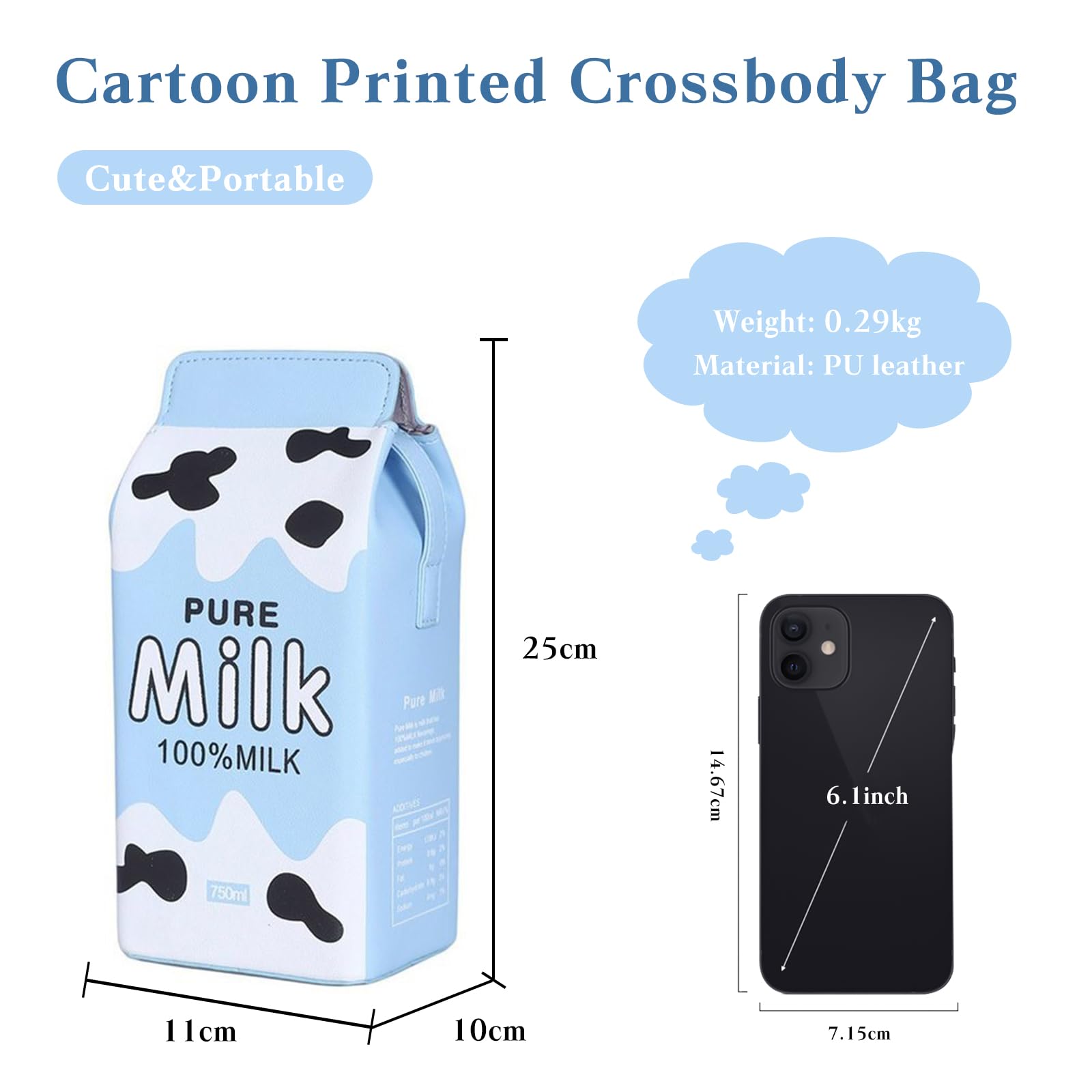Ragazze Borsa a Tracolla Creativa Borse a Spalla in Cartone di Latte Borsetta Donna Crossbody Bag con Cinghia Regolabile per Viaggi Uso Quotidiano Blu